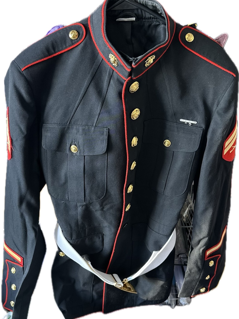Men's Military-Style Black Dress Coat with Red Trim - Picture 15 of 16